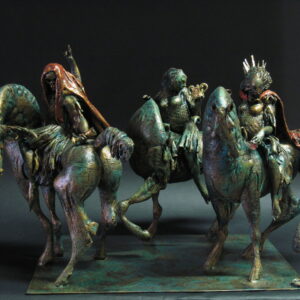 Il Fato annunciato opera unica in terracotta policroma,metallo,foglia oro,resine.Cm.39 x 69 x 44,5