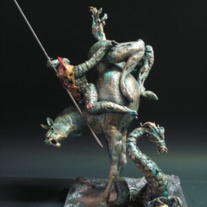 San Giorgio Opera unica in terracotta policroma,metallo,cemento,resine,foglia oro. Cm 41,5 x 32 x h 46,5