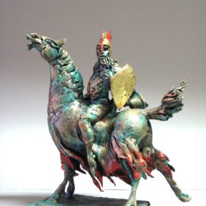 CAVALIERE opera unica in terracotta policroma,metallo,foglia oro cm 28 x 13 x h32