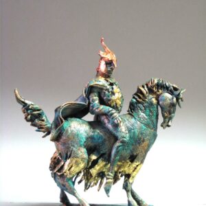 CAVALIERE opera unica in terracotta policroma,metallo,foglia oro cm 30 x 14 x h34
