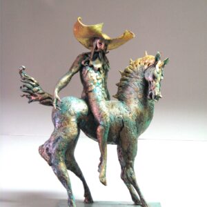 DON CHISCIOTTE opera unica in terracotta policroma,metallo,foglia oro cm 23 x 37 x 48 h