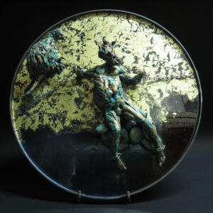 PROMETEO opera unica in terracotta policroma,metallo,foglia oro,cm 60 x 60 x 13